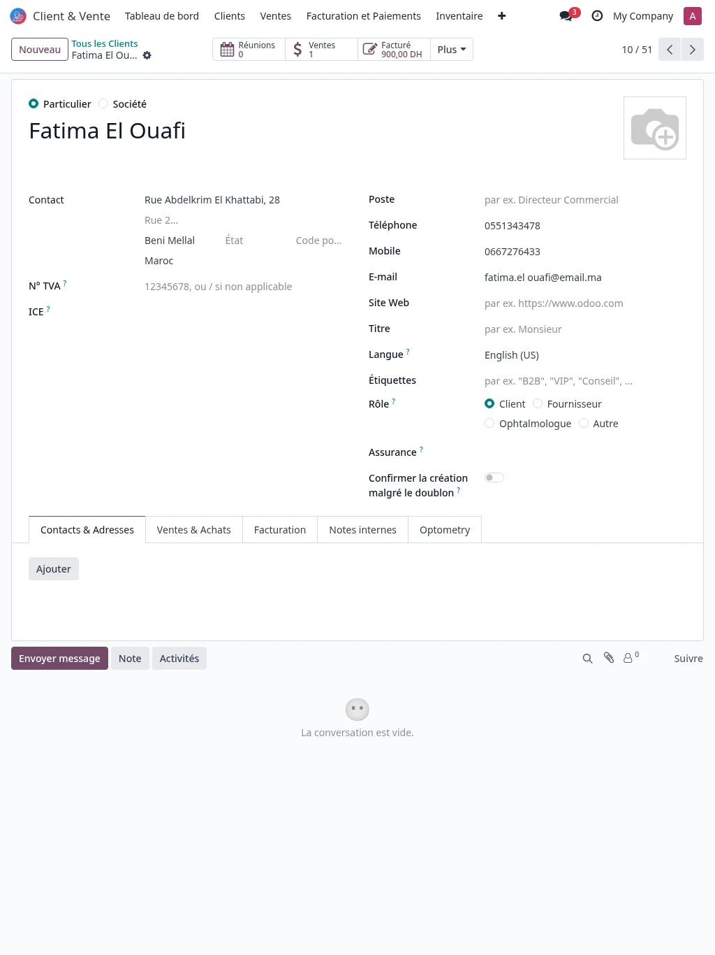 Fiche client dans l’interface Opti Solution sur tablette.