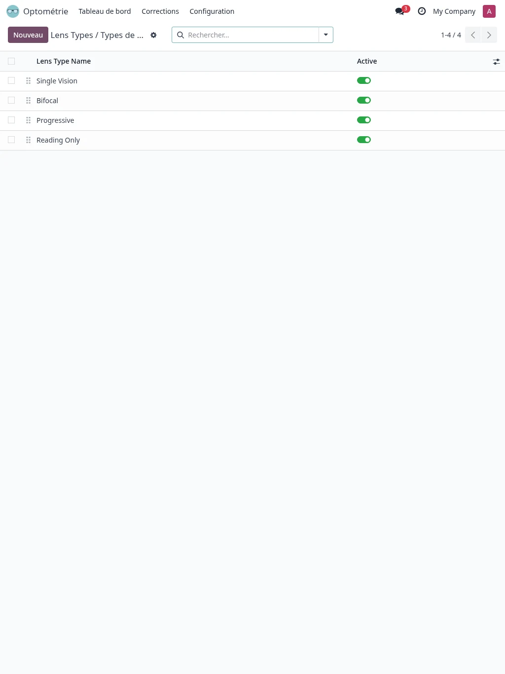 Écran de configuration des types de verres dans Opti Solution.