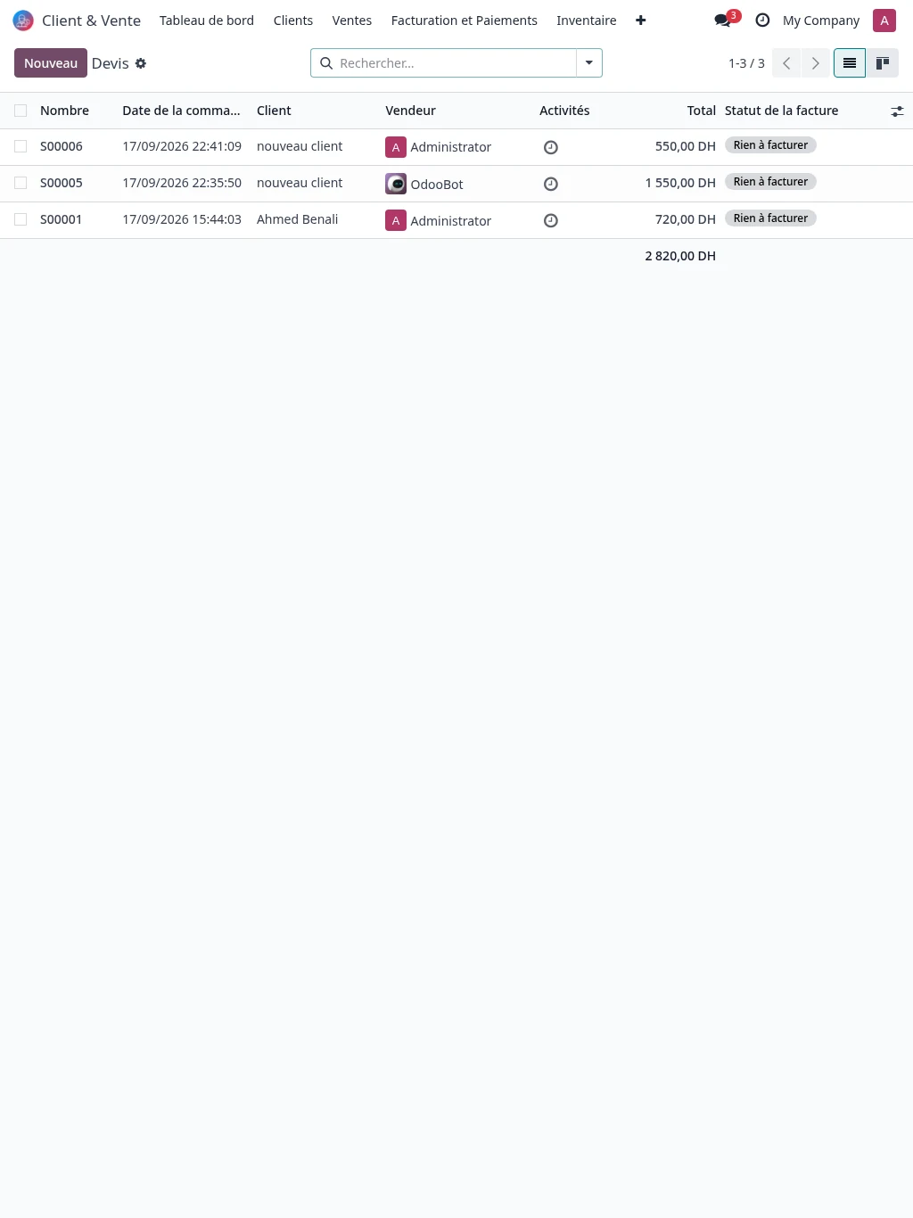Liste des devis clients dans Opti Solution avec montants et statuts de facturation.